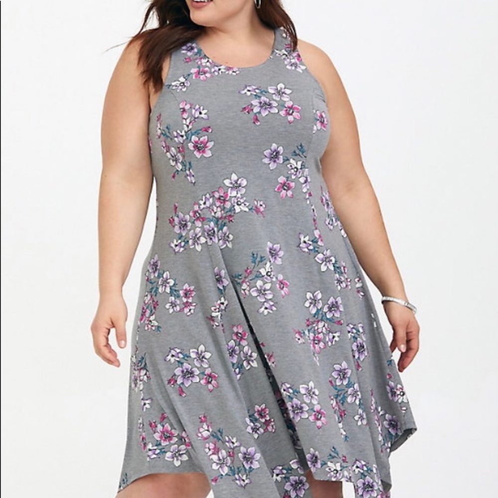 Swing Floral Jersey Trapeze Dress Handkerchief Hem - Picture 4 of 6